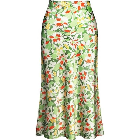 Women Midi Length High Waist Satin Floral - Picture 1 of 7